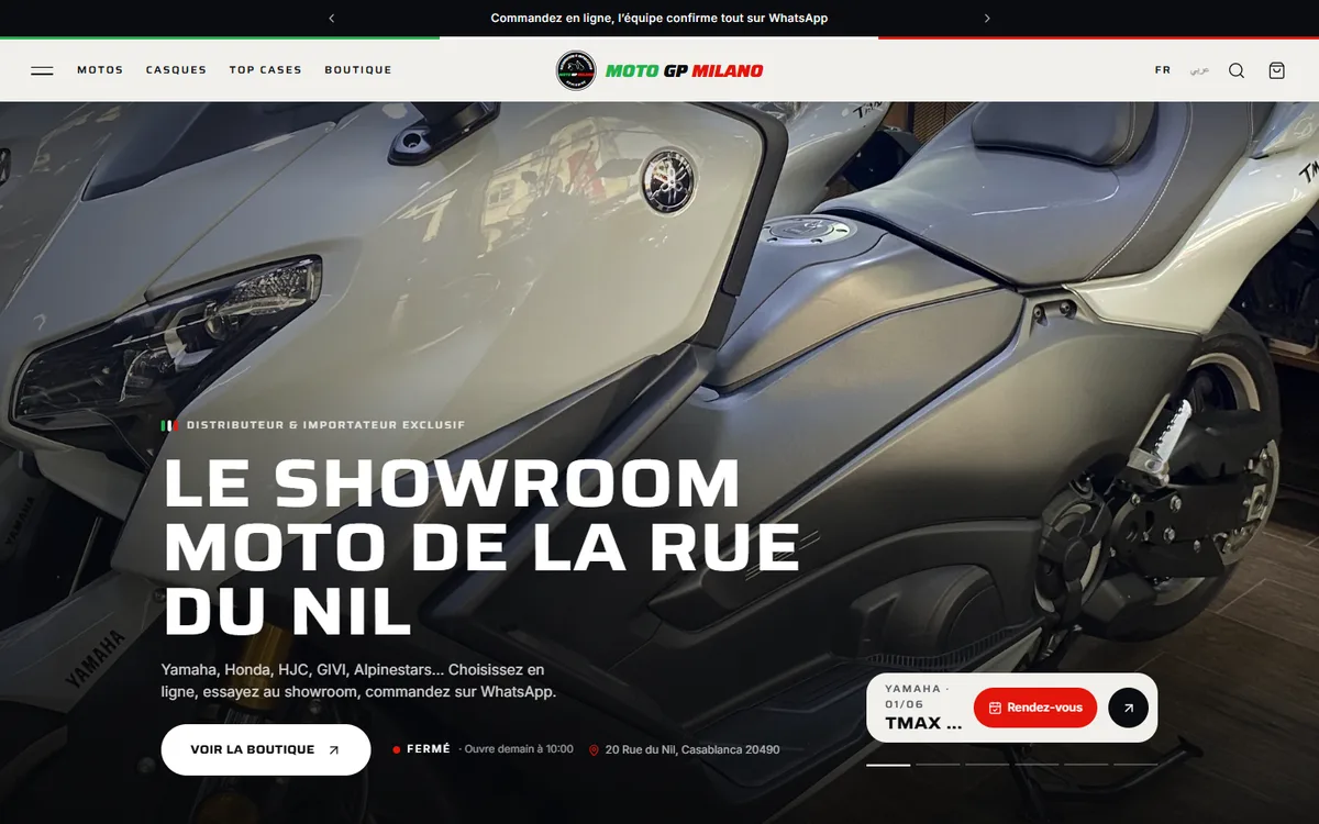 Moto GP Milano, importateur moto, showroom à Casablanca : showroom en ligne, commandes, rendez-vous, admin. Site réalisé par SMPLNFC.
