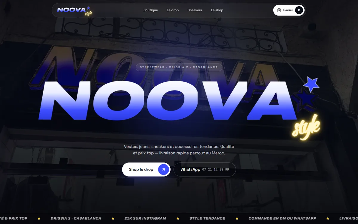 NOOVA STYLE, streetwear à Casablanca : boutique, drops, mur de sneakers. Site réalisé par SMPLNFC.
