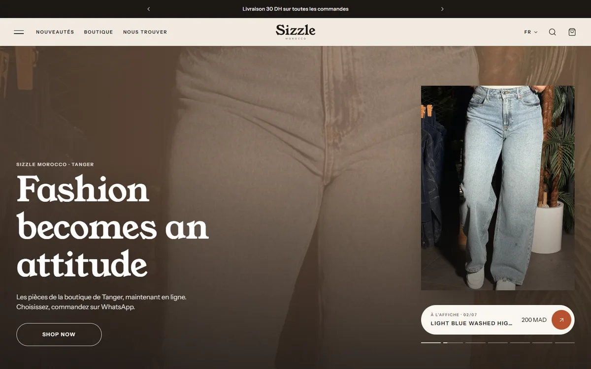 Sizzle, mode femme à Tanger : boutique sur son domaine, commande whatsapp. Site réalisé par SMPLNFC.